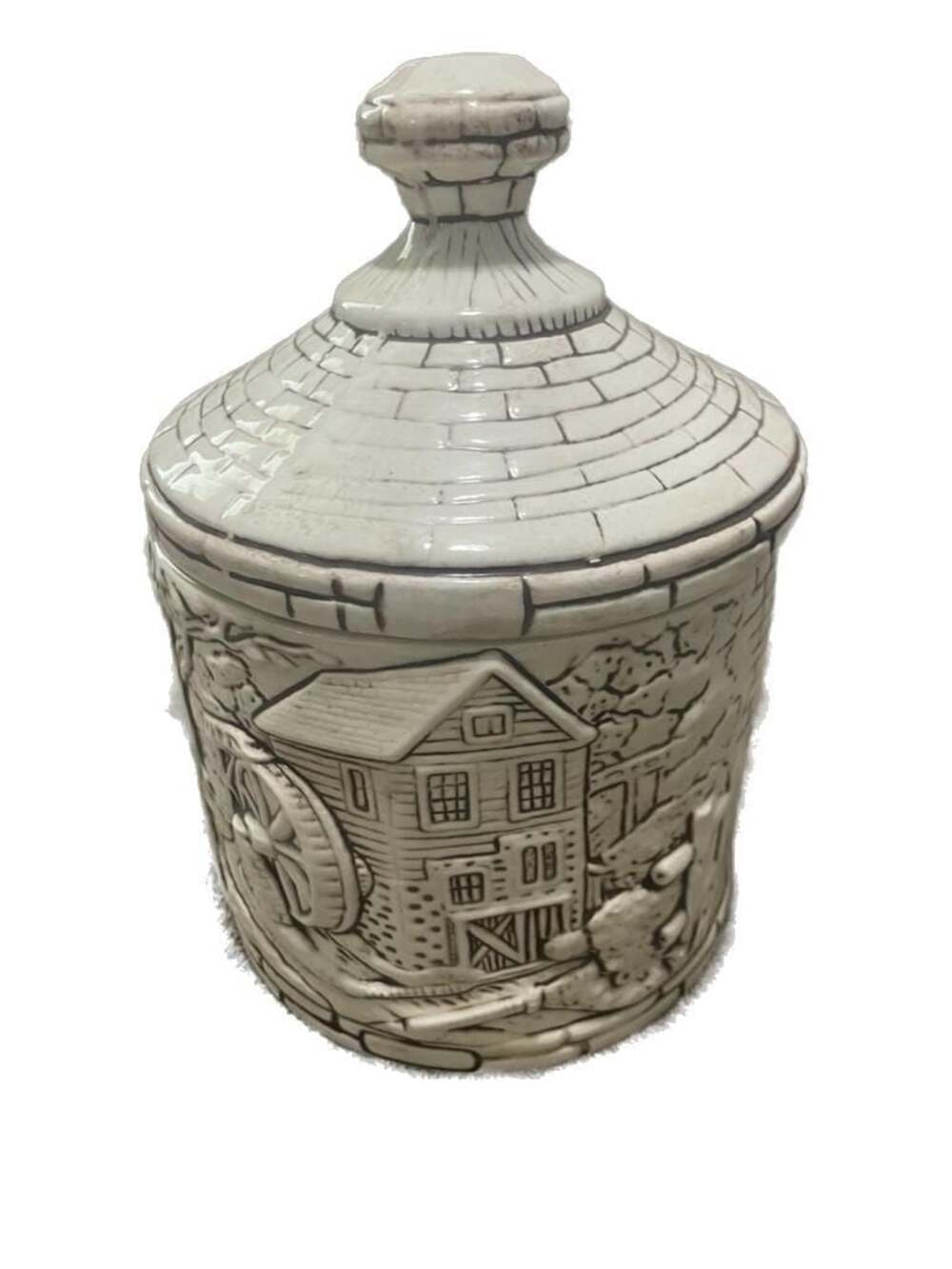 Vintage Ceramic Water Mill Embossed Cookie Jar